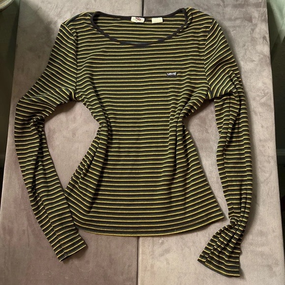 Levi's Tops - Levi's Olive and Black Striped Long Sleeve Crew Tee